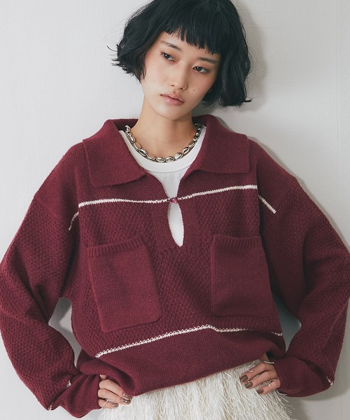 ニット セーター キーネック鹿の子編み切替ニット レディース