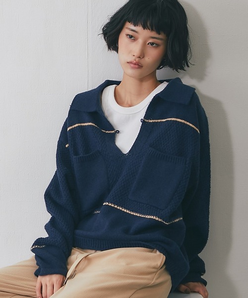 ニット セーター キーネック鹿の子編み切替ニット レディース