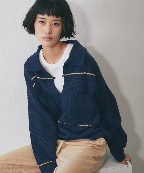 ニット セーター キーネック鹿の子編み切替ニット レディース