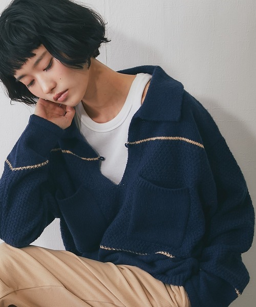 ニット セーター キーネック鹿の子編み切替ニット レディース