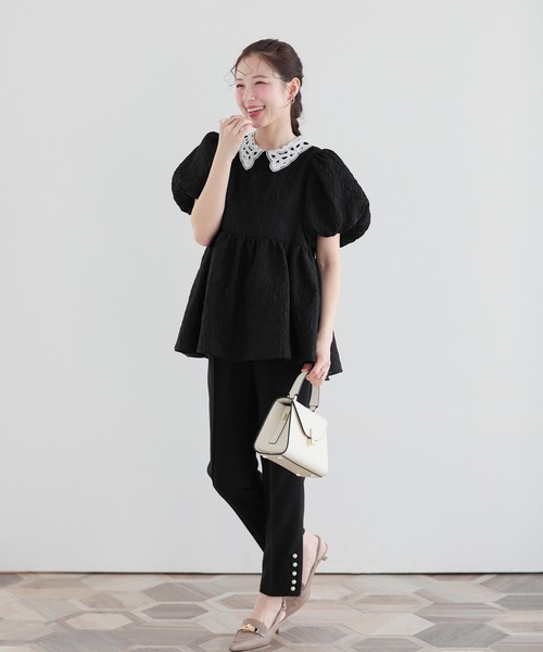 Fit more（フィットモア） レース衿ジャガードペプラムトップス