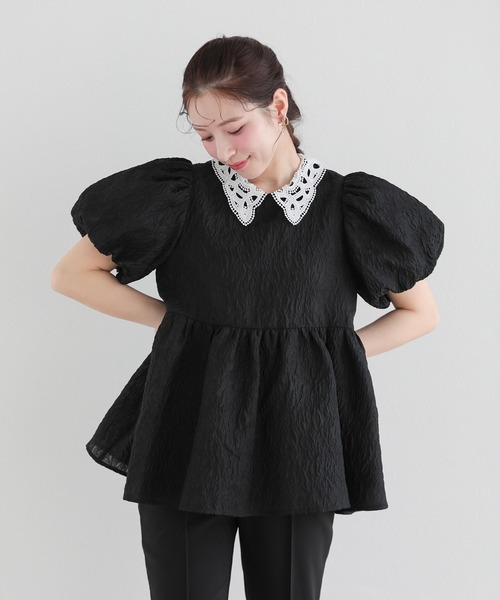 fitmore レース衿ジャガードペプラムトップス Fit more（フィットモア） レース衿ジャガードペプラムトップス