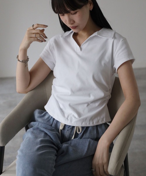 YENNA tシャツ 半袖 襟付きサイドシャーリングポロTシャツ レディース