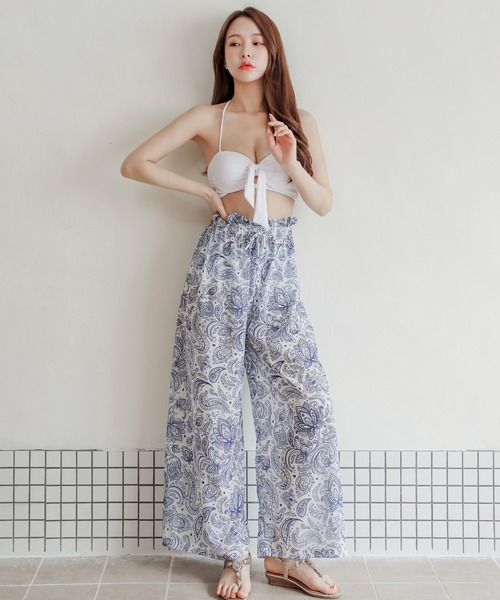 Lace Ladies 水着 ワイドパンツ付バックレースアップデザイン