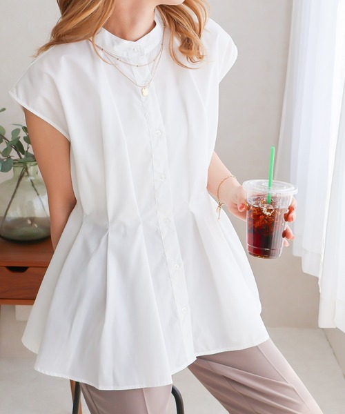 ブラウス シャツ ウエストタックストライプフレンチスリーブシャツ レディース NATURAL BEAUTY BASIC ブラウス シャツ ウエストタック
