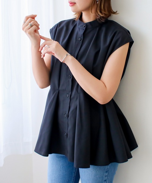 ブラウス シャツ ウエストタックストライプフレンチスリーブシャツ レディース NATURAL BEAUTY BASIC ブラウス シャツ ウエストタック