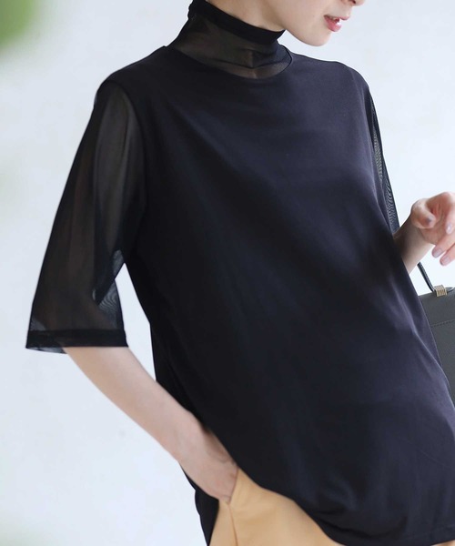 tシャツ 二の腕ふくよかさん用 シアーハイネックのスタメンＴシャツ レディース