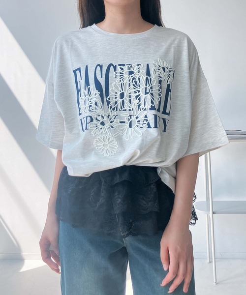 tシャツ フラワーモチーフ刺繍プルオーバー レディース チュール×フラワー刺繍プルオーバー（Tシャツ/カットソー