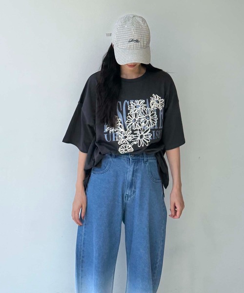 アズノウアズ  花柄刺繍 AS KNOW tシャツ フラワー刺繍重ねロゴプリント ビッグ