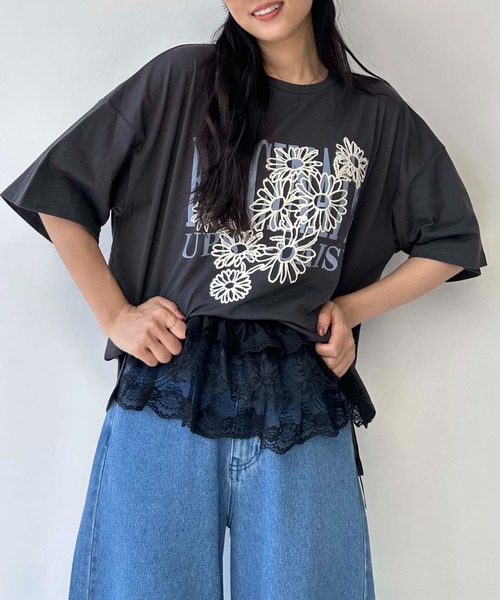 45R コットン ドルマンスリーブ ビッグ Tシャツ ロゴ刺繍 ロゴ刺繍パールスタッズTシャツ(WTS6487)