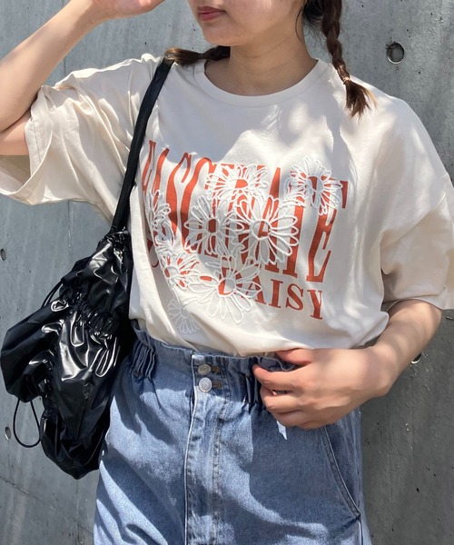 アズノウアズ  花柄刺繍 AS KNOW tシャツ フラワー刺繍重ねロゴプリント ビッグ