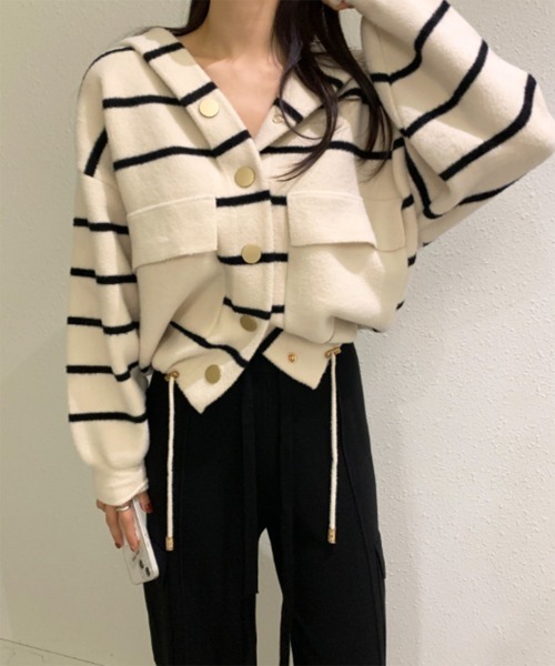 ニット セーター 「on:nue」ストライプビッグポケットフードニット レディース