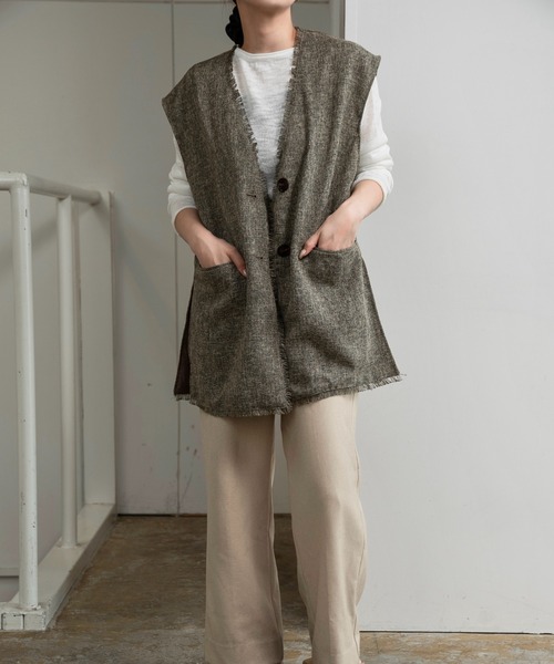 lawgy ベスト ジレ melange mix fringe vest / メランジミックス