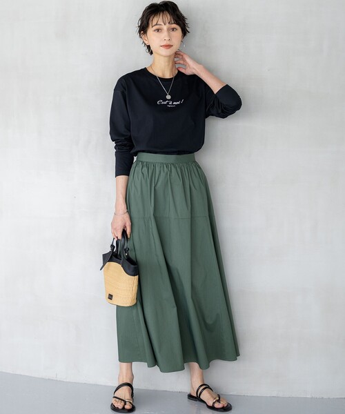ロング スカート 「接触冷感/撥水加工」ストレッチブロード ギャザー