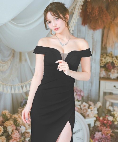 ブラック シースルー オフショルダードレス Tika ドレス キャバドレス オフショルダー 谷間見せ バスト