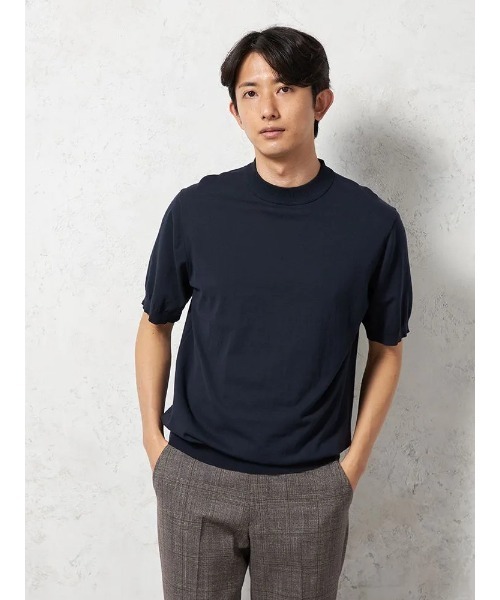 tシャツ 「綿100%」半袖 ニットTシャツ モックネック リッケン