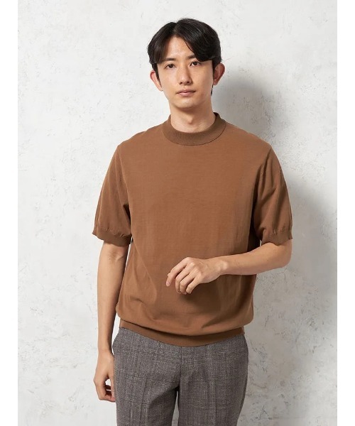 tシャツ 「綿100%」半袖 ニットTシャツ モックネック リッケン
