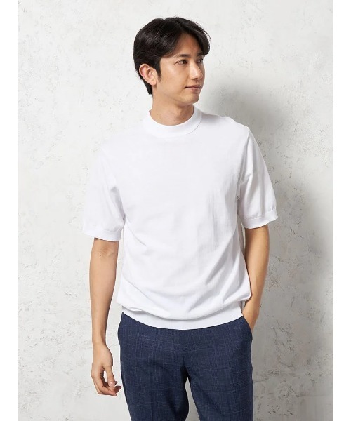 tシャツ 「綿100%」半袖 ニットTシャツ モックネック リッケン