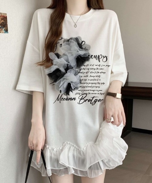 MONO8 tシャツ 3DフラワーモチーフフリルTシャツ レディース