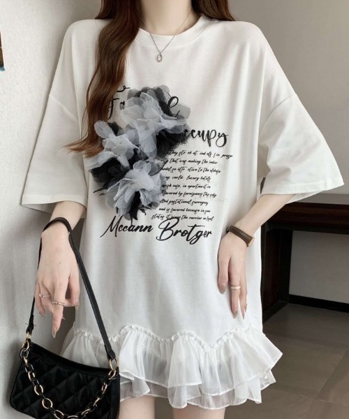 MONO8 tシャツ 3DフラワーモチーフフリルTシャツ レディース