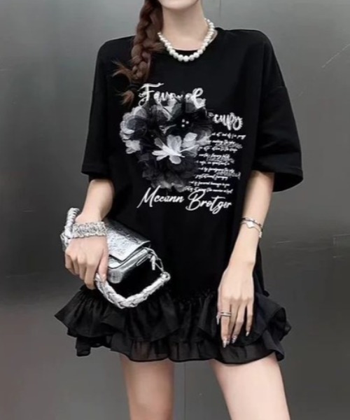 MONO8 tシャツ 3DフラワーモチーフフリルTシャツ レディース