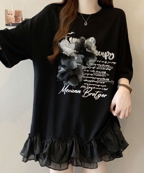 tシャツ フリルTシャツ レディース MONO8 tシャツ 3DフラワーモチーフフリルTシャツ レディース