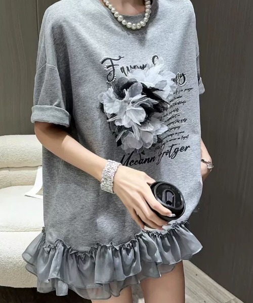MONO8 tシャツ 3DフラワーモチーフフリルTシャツ レディース