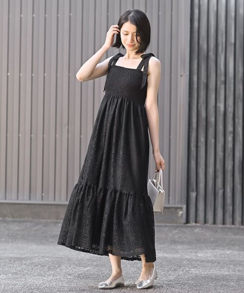 r・p・s ワンピース レース生地シャーリング肩リボンワンピース