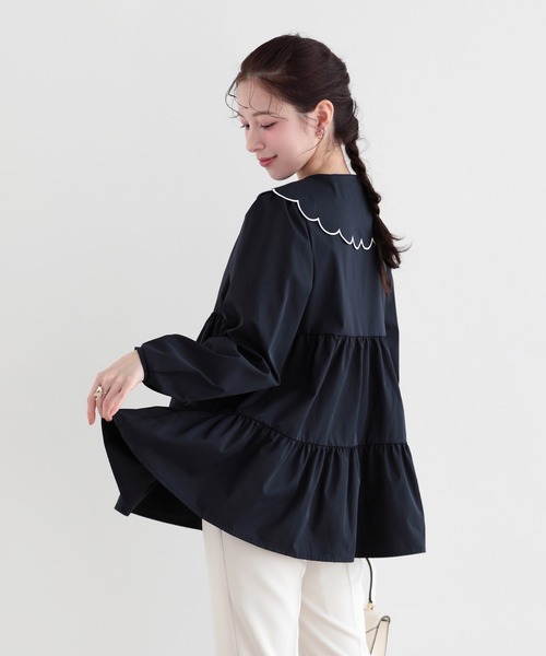 yori 美品 ネイビー たっぷりスカラップブラウス Fit more（フィットモア） ブラウス シャツ スカラップセーラーカラー