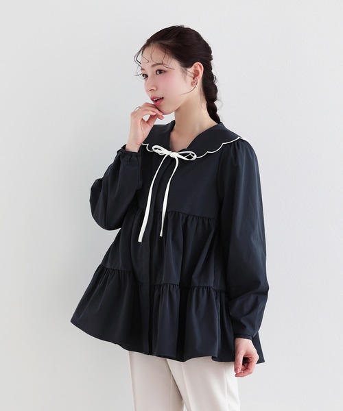 フィットモア　スカラップ襟ブラウス Fit more（フィットモア） ブラウス シャツ はしごスカラップ襟フリル