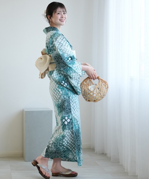 有松絞り青緑系花柄浴衣(美品) utatane 浴衣 有松絞り浴衣3点セット 水花あそび レディース