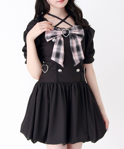 DearMyLove姫系キラキラビジューリボンレースアップバルーンワンピース DearMyLove ワンピース 姫系キラキラビジューハートリボンレースアップ