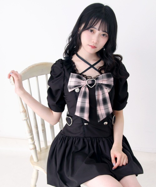 DearMyLove ワンピース 夏 半袖 姫系キラキラビジューハートリボン