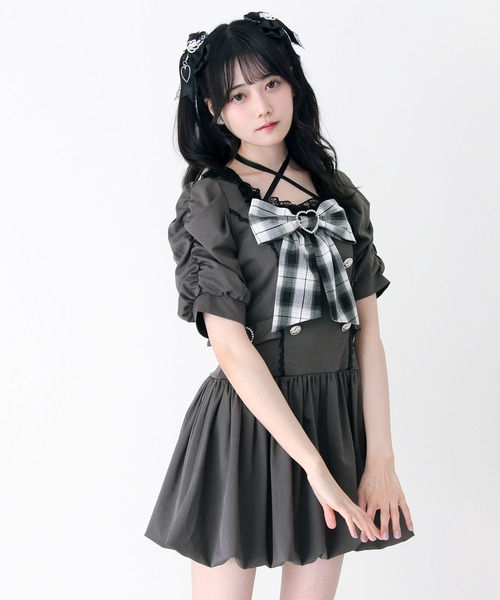DearMyLove ワンピース 夏 半袖 姫系キラキラビジューハートリボン