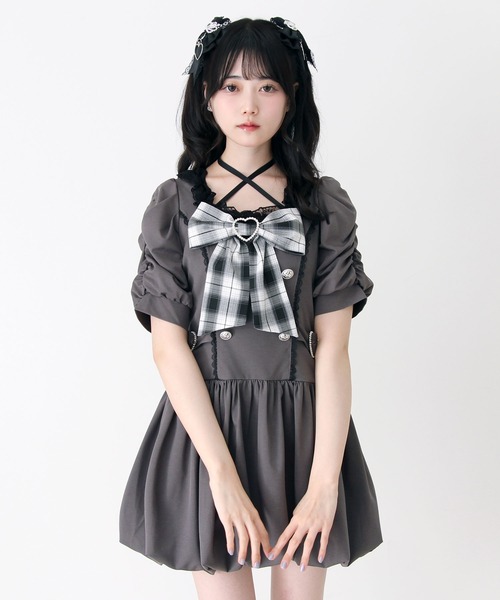 DearMyLove姫系キラキラビジューリボンレースアップバルーンワンピース DearMyLove ワンピース 夏 半袖 姫系キラキラビジューハートリボン