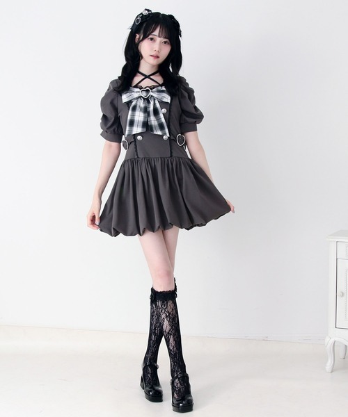 DearMyLove姫系キラキラビジューリボンレースアップバルーンワンピース DearMyLove ワンピース 姫系キラキラビジューハートリボンレースアップ