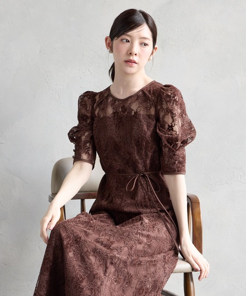 AIMER（エメ） ドレス ラメモールレース七分袖パネルラインフレア