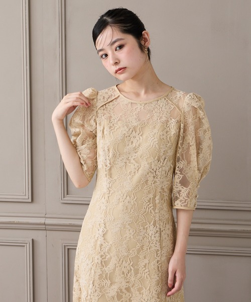 美品 AIMER ベージュ レース パーティードレス 結婚式 成人式 二次会 M AIMER（エメ） ドレス ラメモールレース七分袖パネルラインフレア