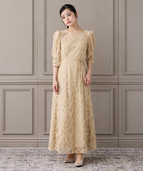 美品 AIMER ベージュ レース パーティードレス 結婚式 成人式 二次会 M AIMER（エメ） ドレス ラメモールレース七分袖パネルラインフレア