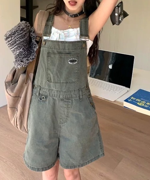 SHEENA（シーナ） サロペット オーバーオール ワンポイント刺繍ロゴ