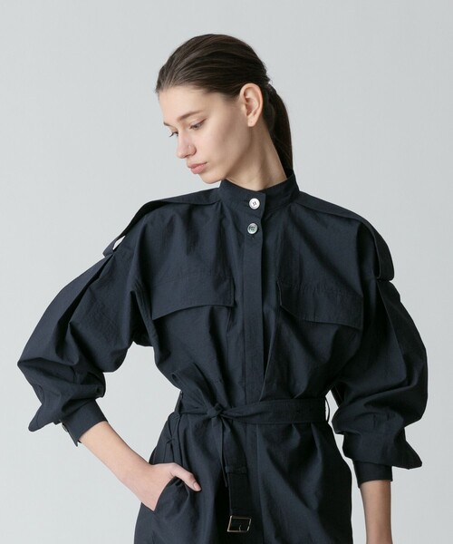 allureville ナイロンシャツワンピース ネイビー 半袖 allureville シャツワンピース 綿ナイロンタンブラーワンピース