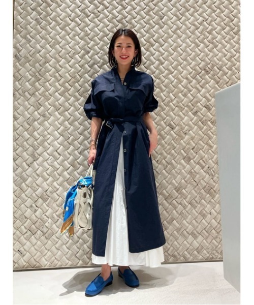 allureville ナイロンシャツワンピース ネイビー 半袖 allureville シャツワンピース 綿ナイロンタンブラーワンピース