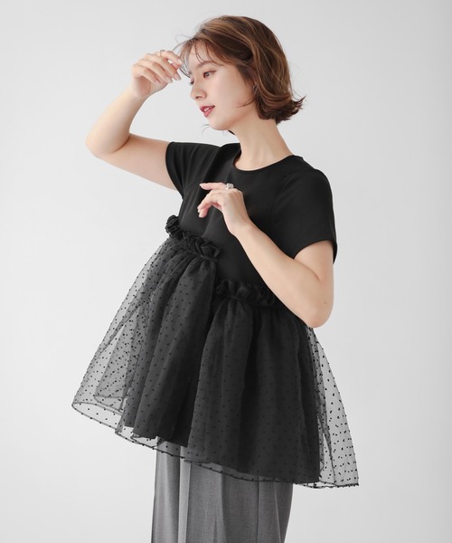 Fit more tシャツ ドットオーガンジーアシメペプラムカットソー