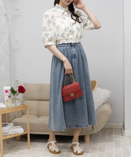 シャツ ブラウス 花柄レース地 裾シャーリング 半袖 クロップド  