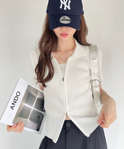 Ada. tシャツ ダブルジップ コンパクト 半袖 ニット レディース