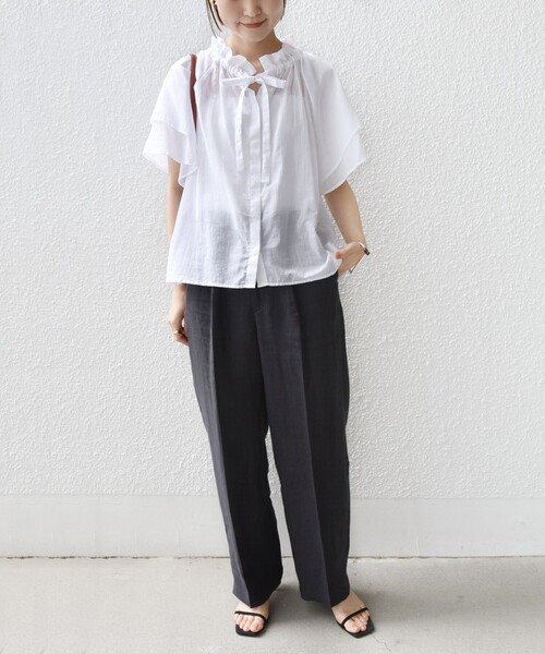 美品　SHIPS 24SS コットンボイル　ネックギャザー　ボウタイブラウス セール】〈手洗い可能〉コットンボイル ネックギャザー ボウタイ