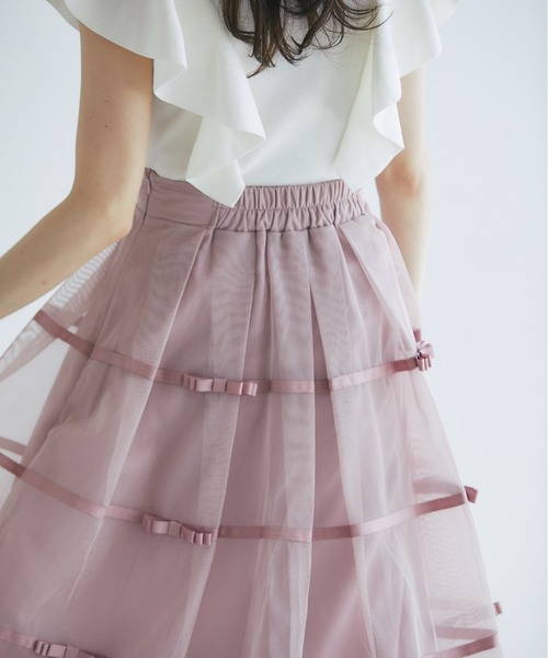 デコレーションリボンメッシュタックフレアスカート tocco closet スカート デコレーションリボンメッシュタック