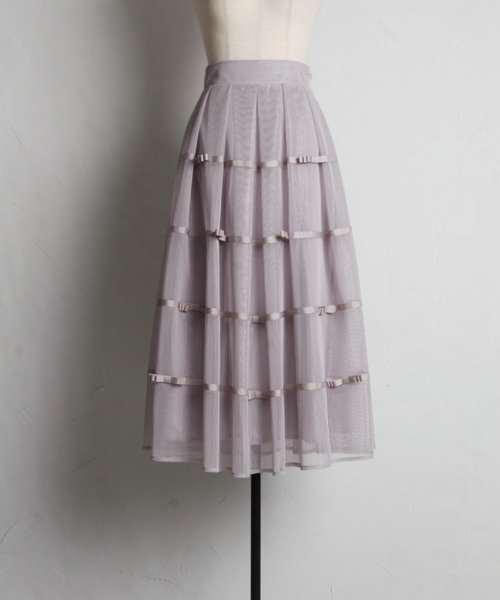 デコレーションリボンメッシュタックフレアスカート tocco closet スカート デコレーションリボンメッシュタック