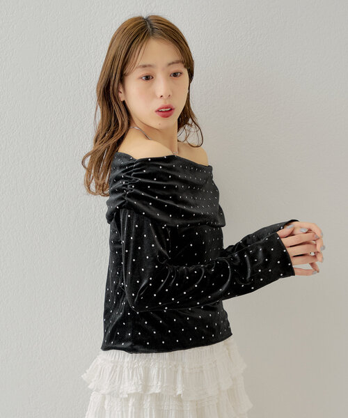 Chico（チコ） tシャツ ドットベロアオフショルトップス レディース