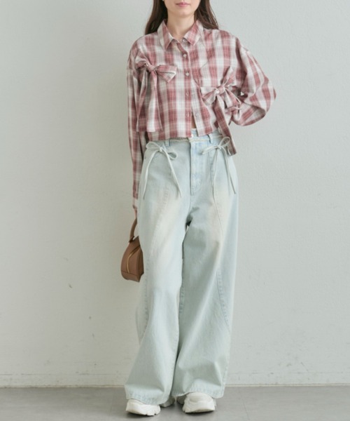 クロップドリボンシャツブラウス OLIVE des OLIVE（オリーブデオリーブ） ブラウス シャツ リボンリボン
